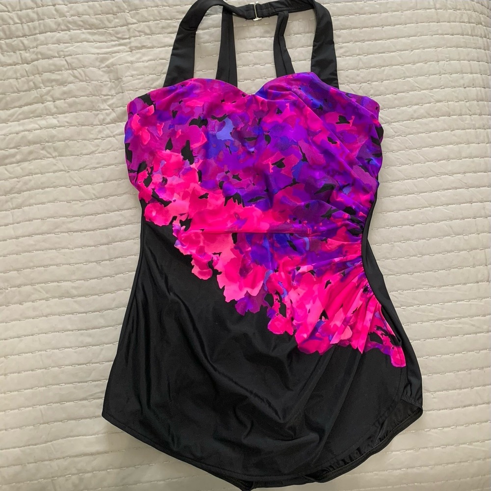 Lands' End Swimsuit 16 DDD Swim Dress Pink Black Floral Slimming Ruched - Picture 2 of 12